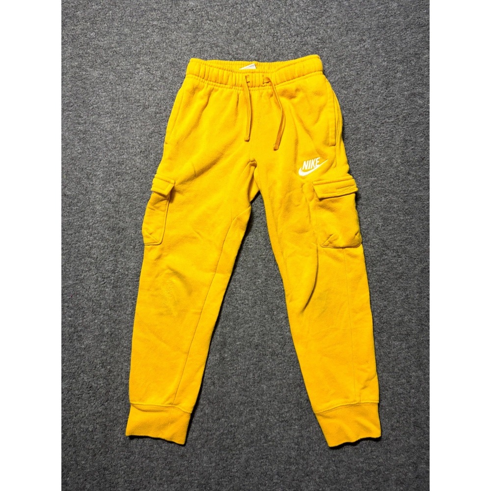 Nike Club Cargo Jogger Pants Kids 7 Yellow Fleece Lined Drawstring Tapered Leg